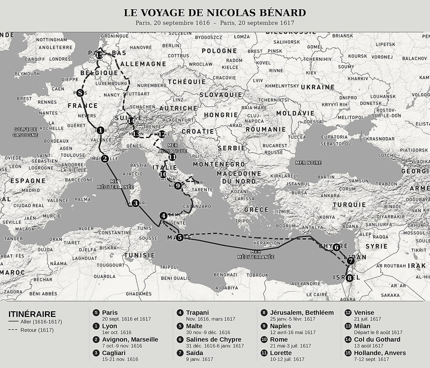 Carte d'ensemble de Le voyage de Hierusalem et autres lieux de la Terre Sainte de Nicolas Bénard, nord en haut : paris, 20 septembre 1616  –  paris, 20 septembre 1617.