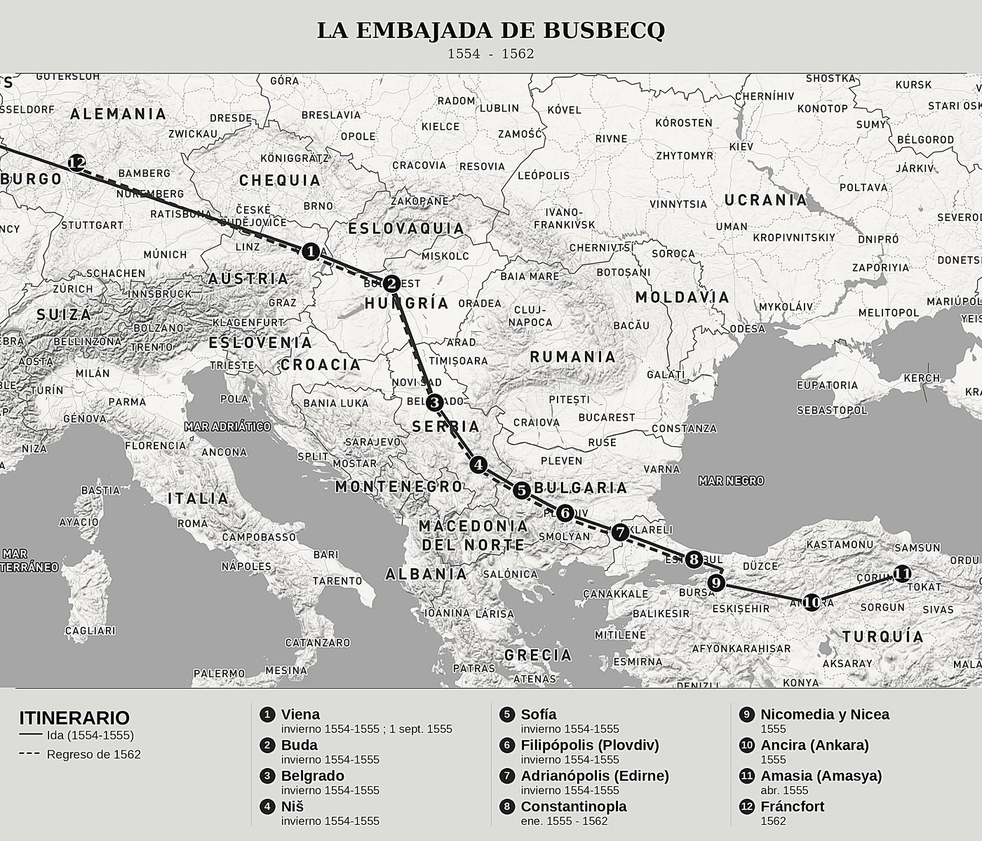 Mapa general de Cuatro cartas de la embajada de Turquía de Ogier Ghislain de Busbecq, norte arriba: 1554  -  1562.