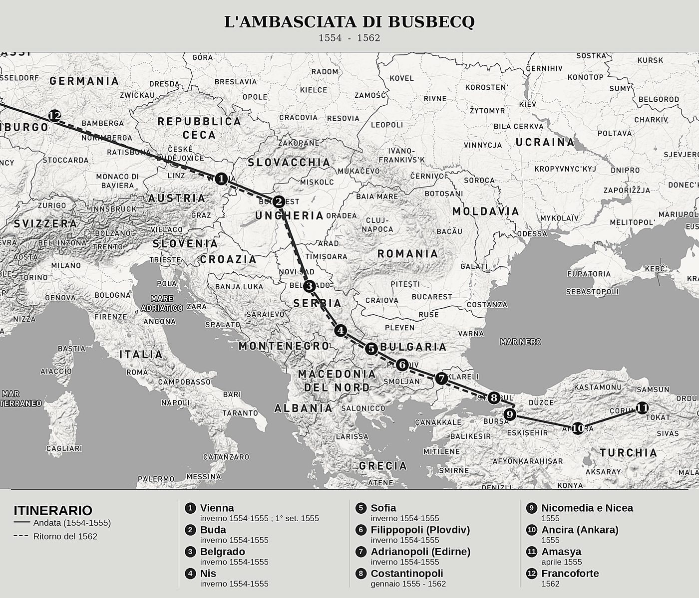 Mappa d'insieme di Quattro lettere dall'ambasciata di Turchia di Ogier Ghislain de Busbecq, nord in alto: 1554  -  1562.