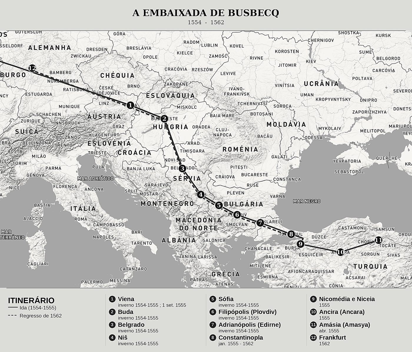 Mapa geral de Quatro cartas da embaixada da Turquia de Ogier Ghislain de Busbecq, norte em cima: 1554  -  1562.