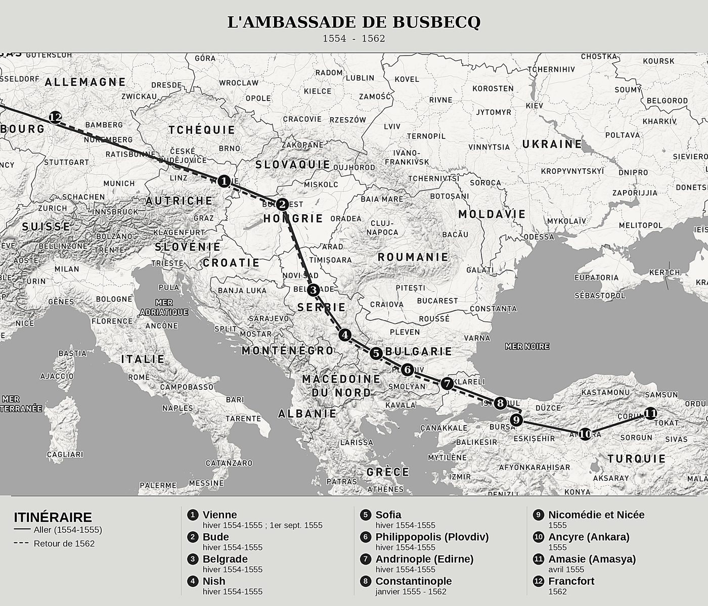 Carte d'ensemble de Quatre lettres de l'ambassade de Turquie de Ogier Ghislain de Busbecq, nord en haut : 1554  -  1562.
