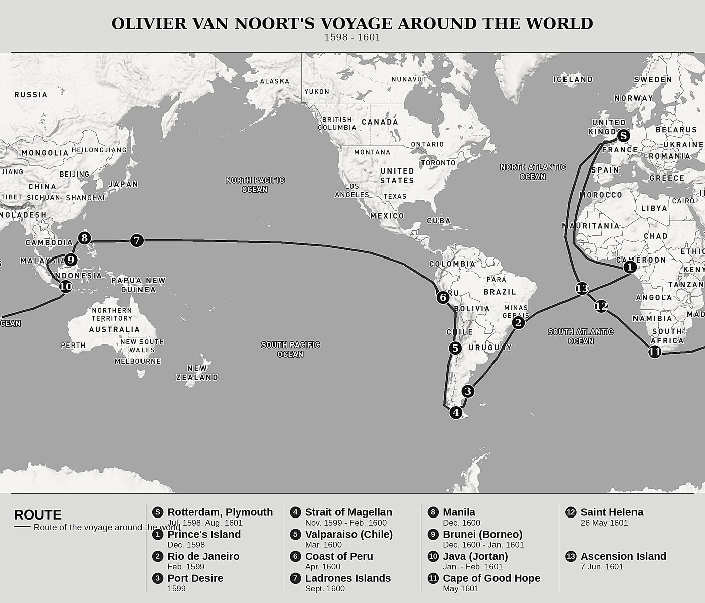 Overview map of Description of the Arduous Voyage Made Around the Universe or Terrestrial Globe by Olivier van Noort, north at top: 1598 - 1601.