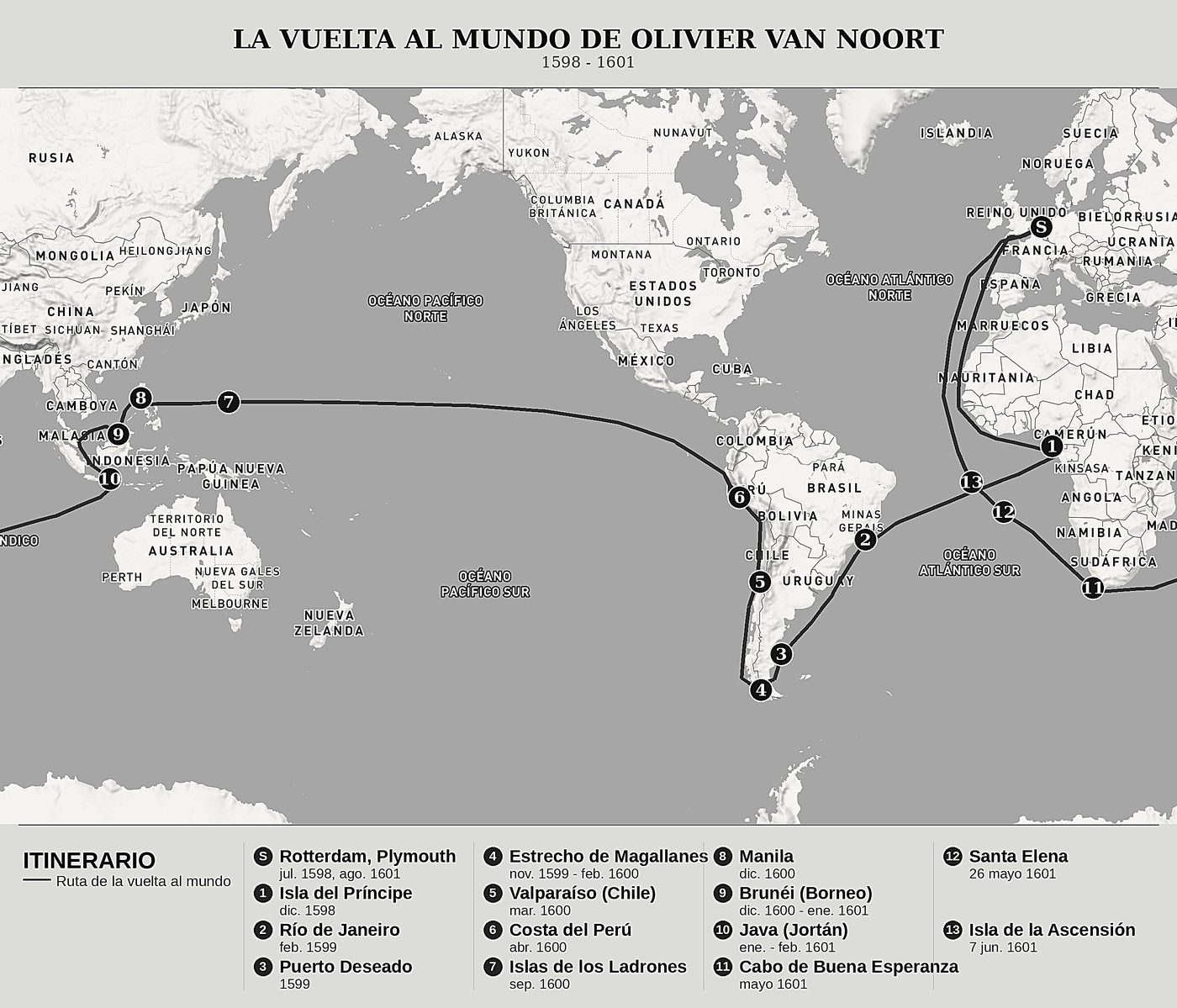 Mapa general de Descripción del penoso viaje alrededor del universo o globo terrestre de Olivier van Noort, norte arriba: 1598 - 1601.