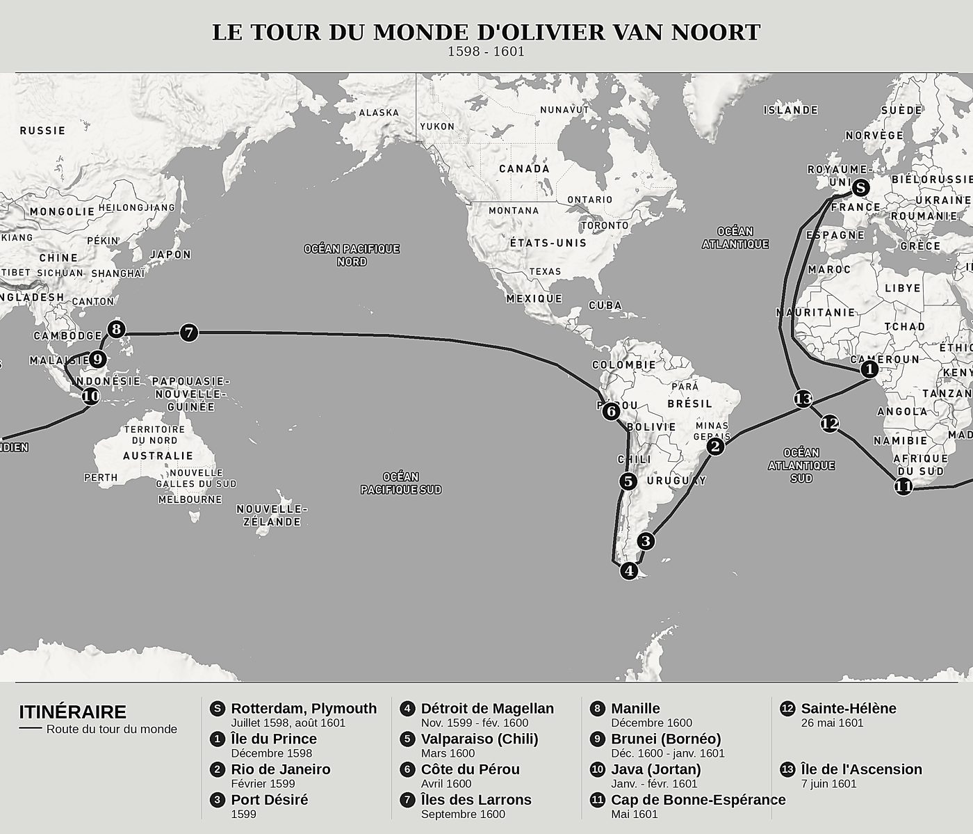 Carte d'ensemble de Description du pénible voyage fait entour de l'univers ou globe terrestre de Olivier van Noort, nord en haut : 1598 - 1601.