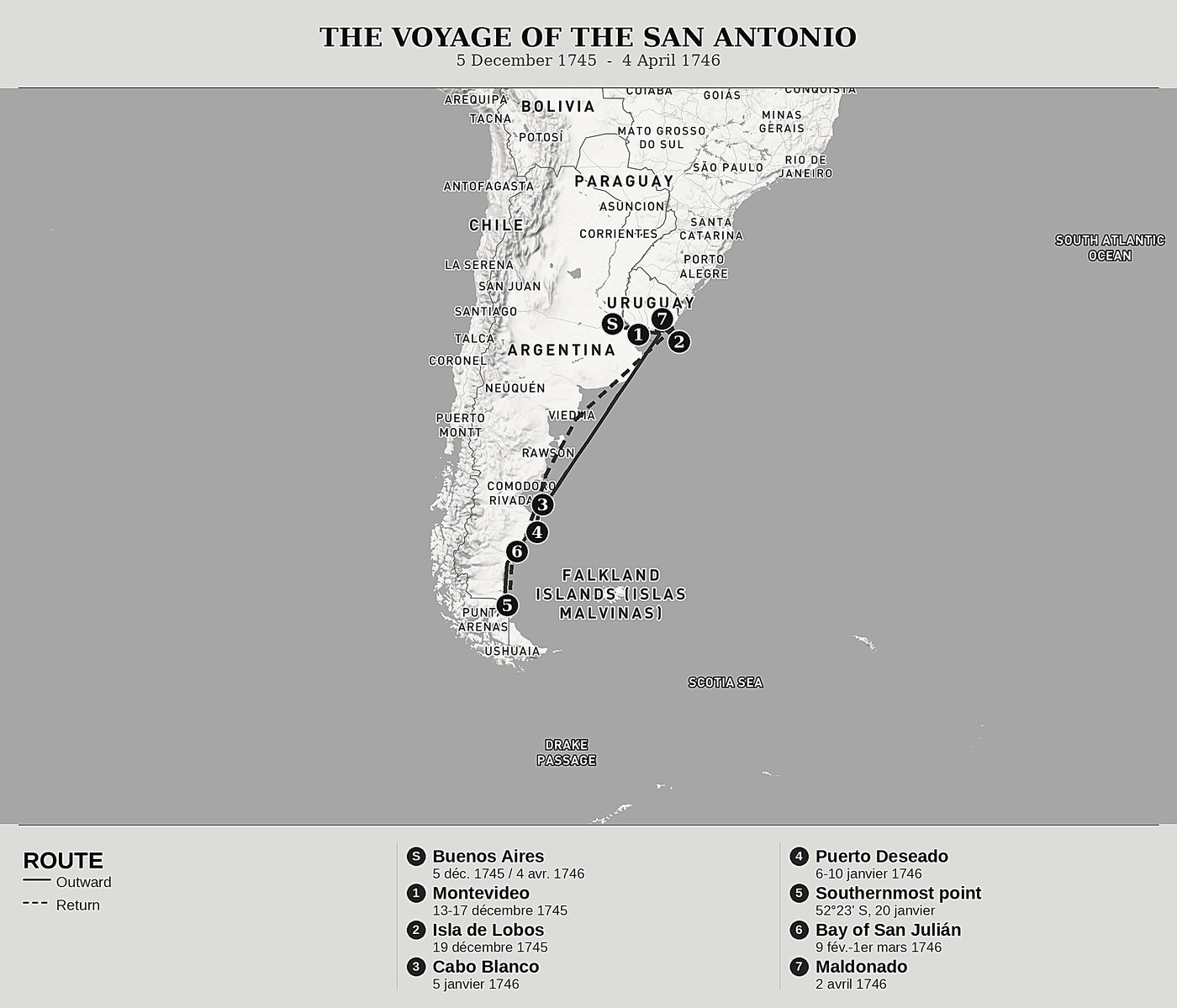 Overview map of Journal of a Voyage in the Magellanic Sea by Pedro Lozano, north at top: 5 december 1745  -  4 april 1746.
