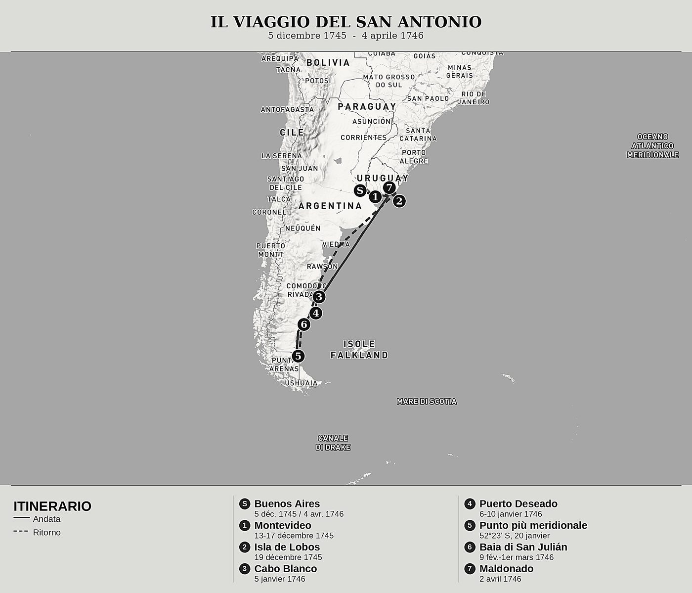 Mappa d'insieme di Diario di un viaggio nel mare Magellanico di Pedro Lozano, nord in alto: 5 dicembre 1745  -  4 aprile 1746.