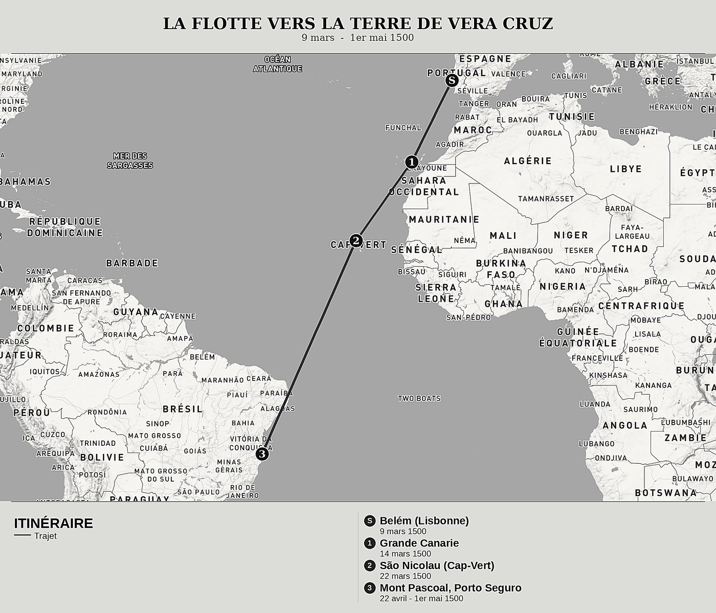 Carte d'ensemble de Lettre de Pero Vaz de Caminha de Pero Vaz de Caminha, nord en haut : 9 mars  -  1er mai 1500.