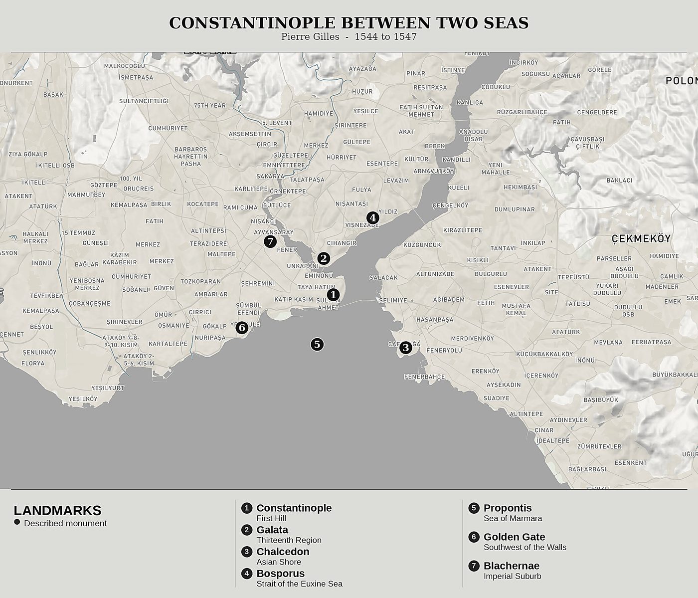 Overview map of The Antiquities of Constantinople by Pierre Gilles, north at top: pierre gilles  -  1544 to 1547.