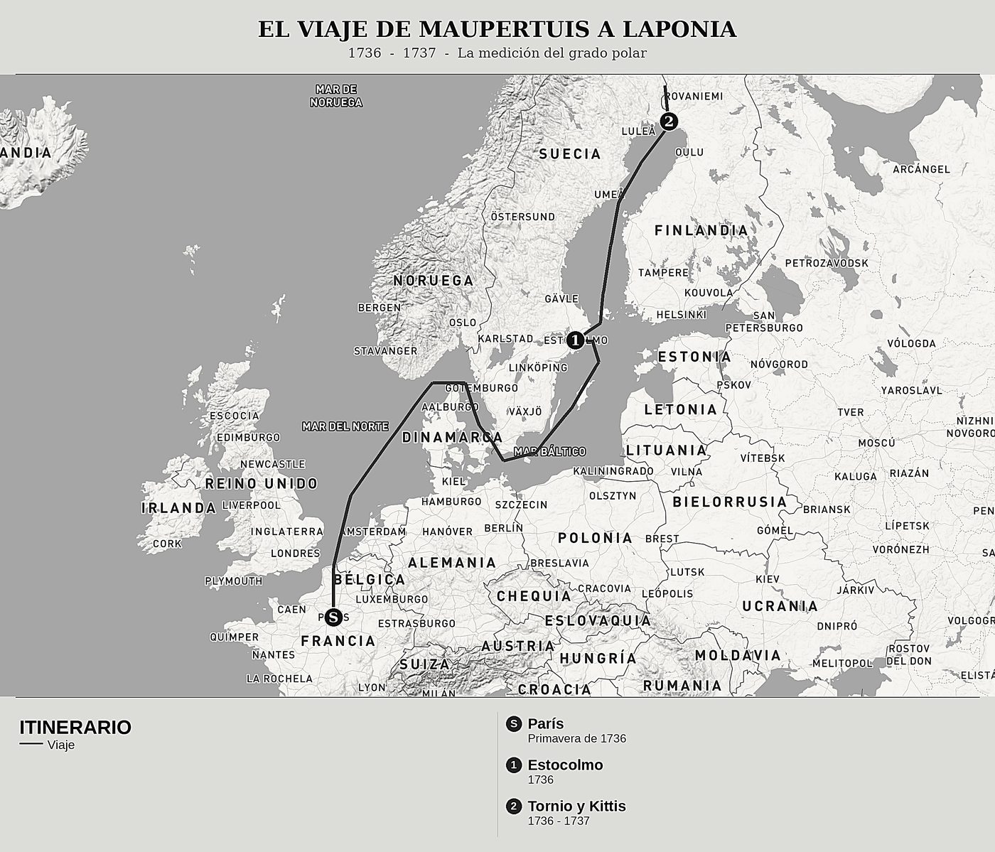 Mapa general de La figura de la Tierra de Pierre Louis Moreau de Maupertuis, norte arriba: 1736  -  1737  -  la medición del grado polar.