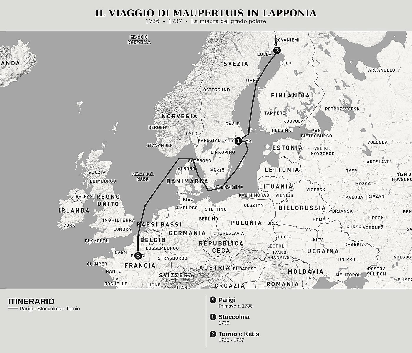 Mappa d'insieme di La figura della Terra di Pierre Louis Moreau de Maupertuis, nord in alto: 1736  -  1737  -  la misura del grado polare.