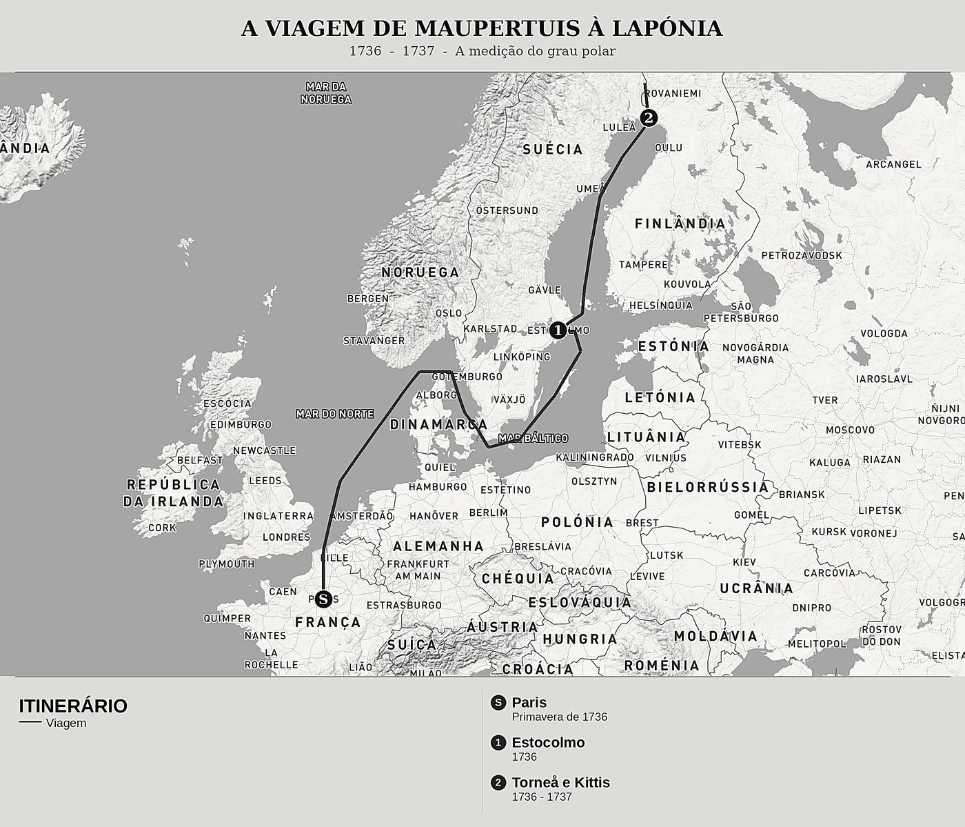 Mapa geral de A Figura da Terra de Pierre Louis Moreau de Maupertuis, norte em cima: 1736  -  1737  -  a medição do grau polar.