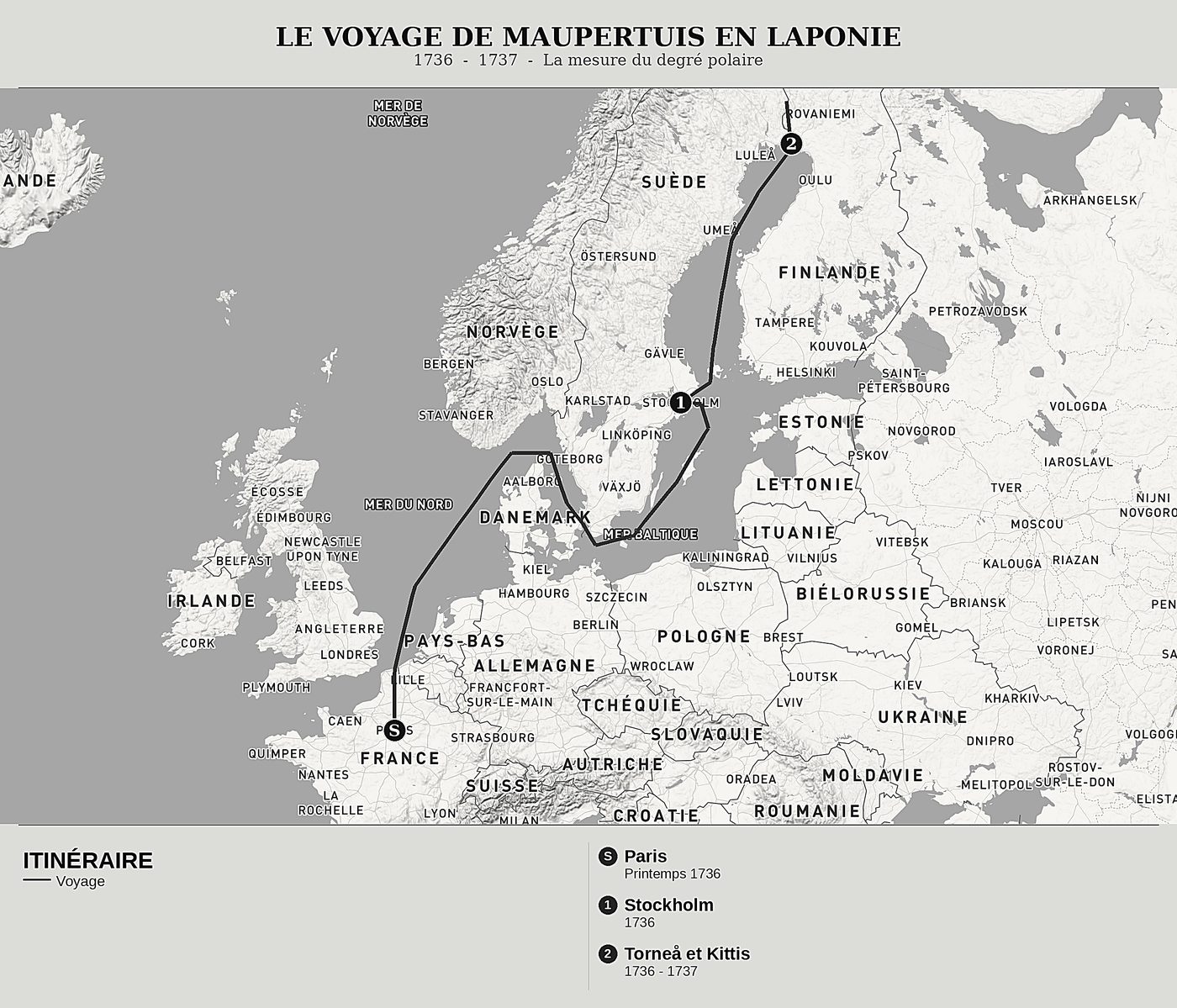 Carte d'ensemble de La Figure de la Terre de Pierre Louis Moreau de Maupertuis, nord en haut : 1736  -  1737  -  la mesure du degré polaire.