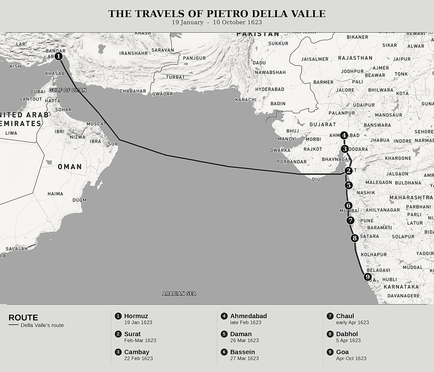 Overview map of Travels of Pietro Della Valle the Pilgrim by Pietro Della Valle, north at top: 19 january  -  10 october 1623.