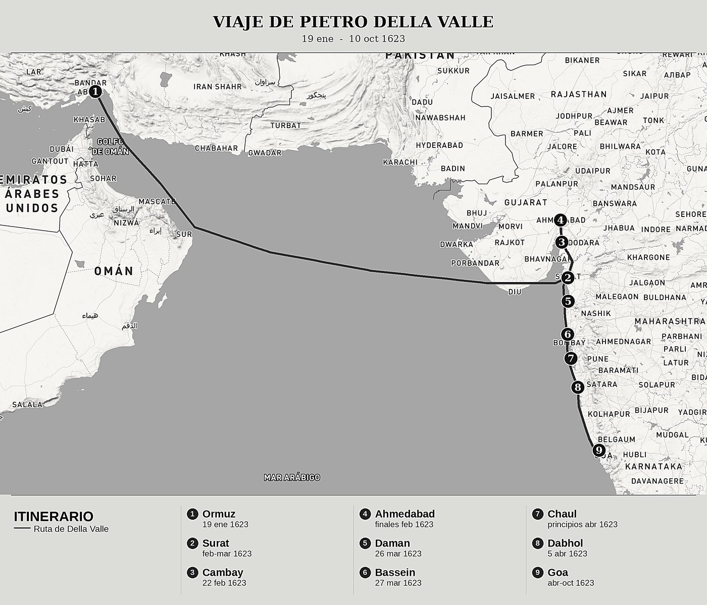Mapa general de Viajes de Pietro Della Valle el Peregrino de Pietro Della Valle, norte arriba: 19 ene  -  10 oct 1623.