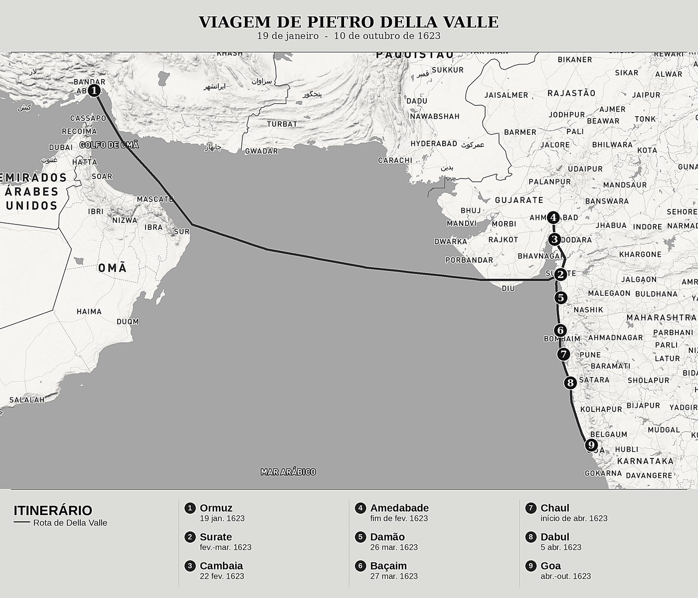 Mapa geral de Viagens de Pietro Della Valle, o Peregrino de Pietro Della Valle, norte em cima: 19 de janeiro  -  10 de outubro de 1623.