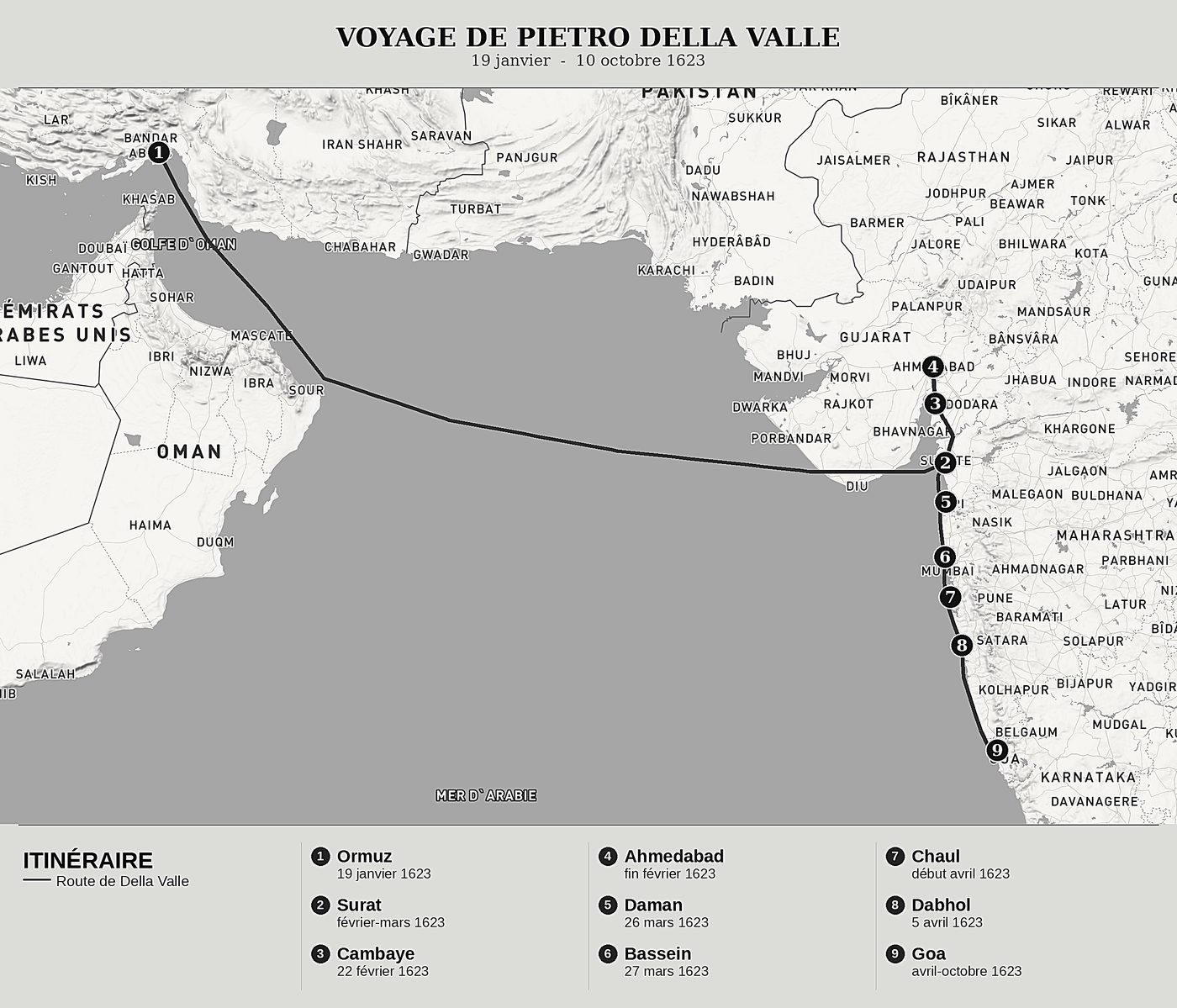 Carte d'ensemble de Voyages de Pietro Della Valle le Pèlerin de Pietro Della Valle, nord en haut : 19 janvier  -  10 octobre 1623.