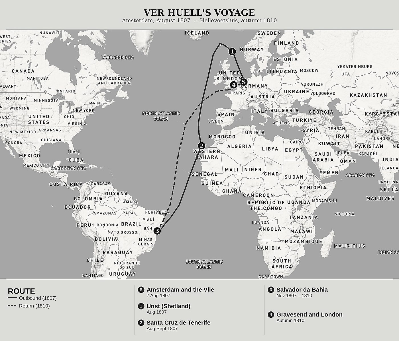 Overview map of My First Sea Voyage by Quirijn Maurits Rudolph Ver Huell, north at top: amsterdam, august 1807  –  hellevoetsluis, autumn 1810.