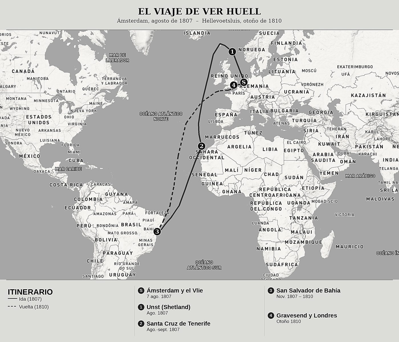 Mapa general de Mi primer viaje por mar de Quirijn Maurits Rudolph Ver Huell, norte arriba: ámsterdam, agosto de 1807  –  hellevoetsluis, otoño de 1810.