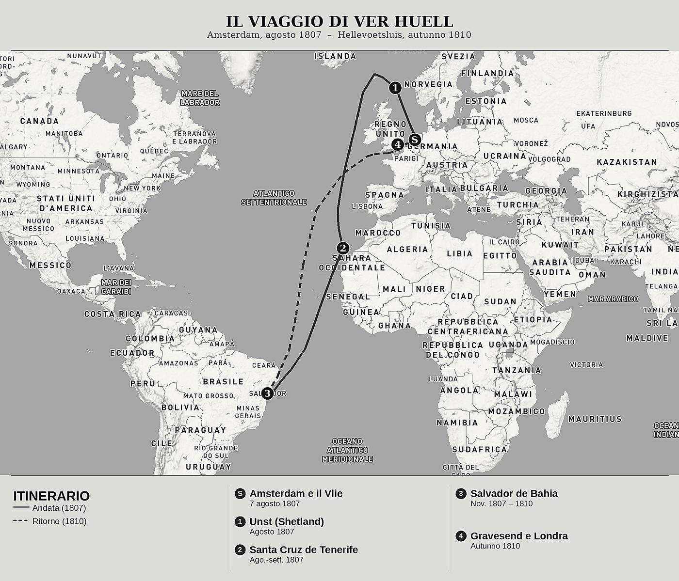 Mappa d'insieme di Il mio primo viaggio per mare di Quirijn Maurits Rudolph Ver Huell, nord in alto: amsterdam, agosto 1807  –  hellevoetsluis, autunno 1810.