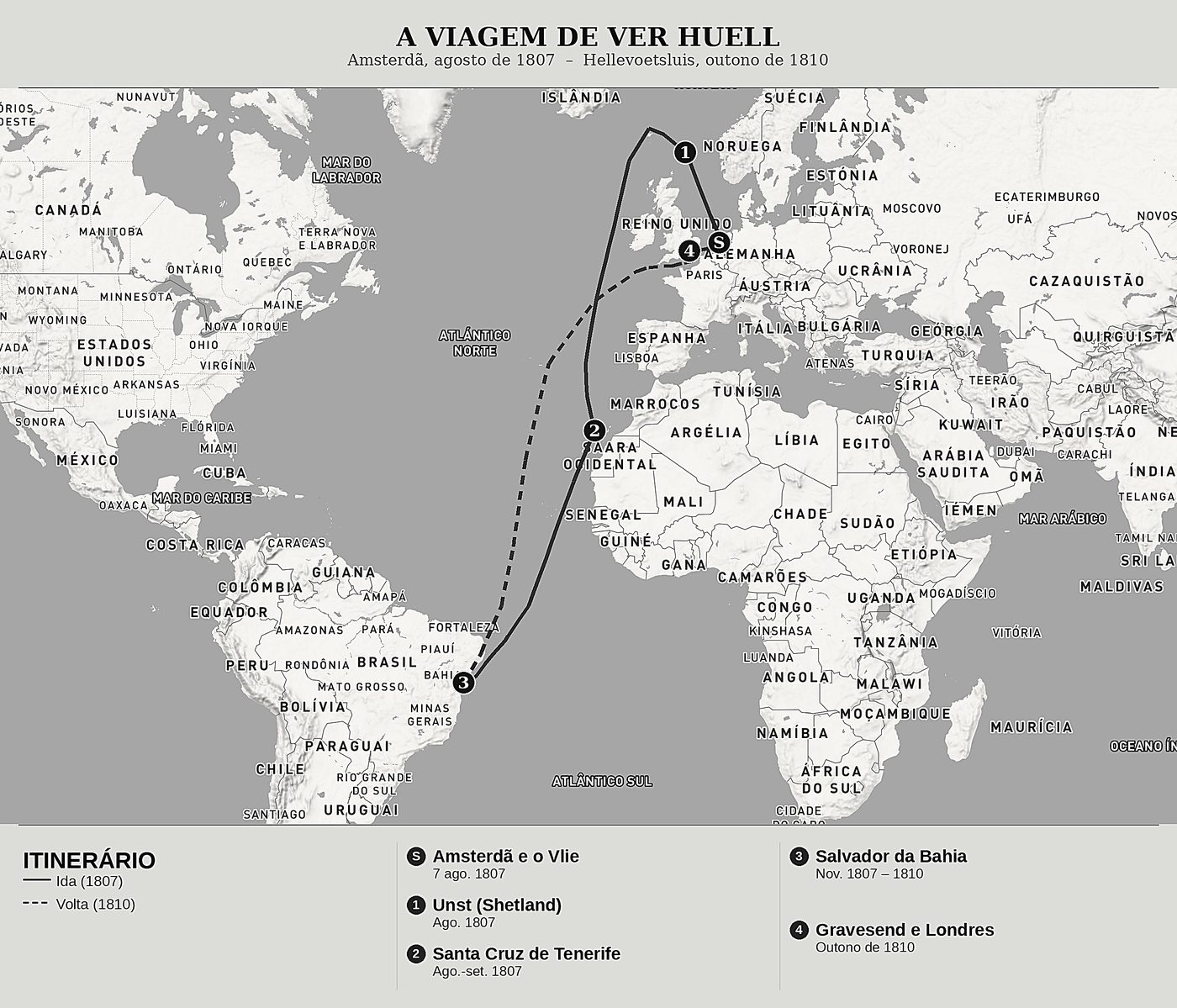 Mapa geral de Minha primeira viagem marítima de Quirijn Maurits Rudolph Ver Huell, norte em cima: amsterdã, agosto de 1807  –  hellevoetsluis, outono de 1810.