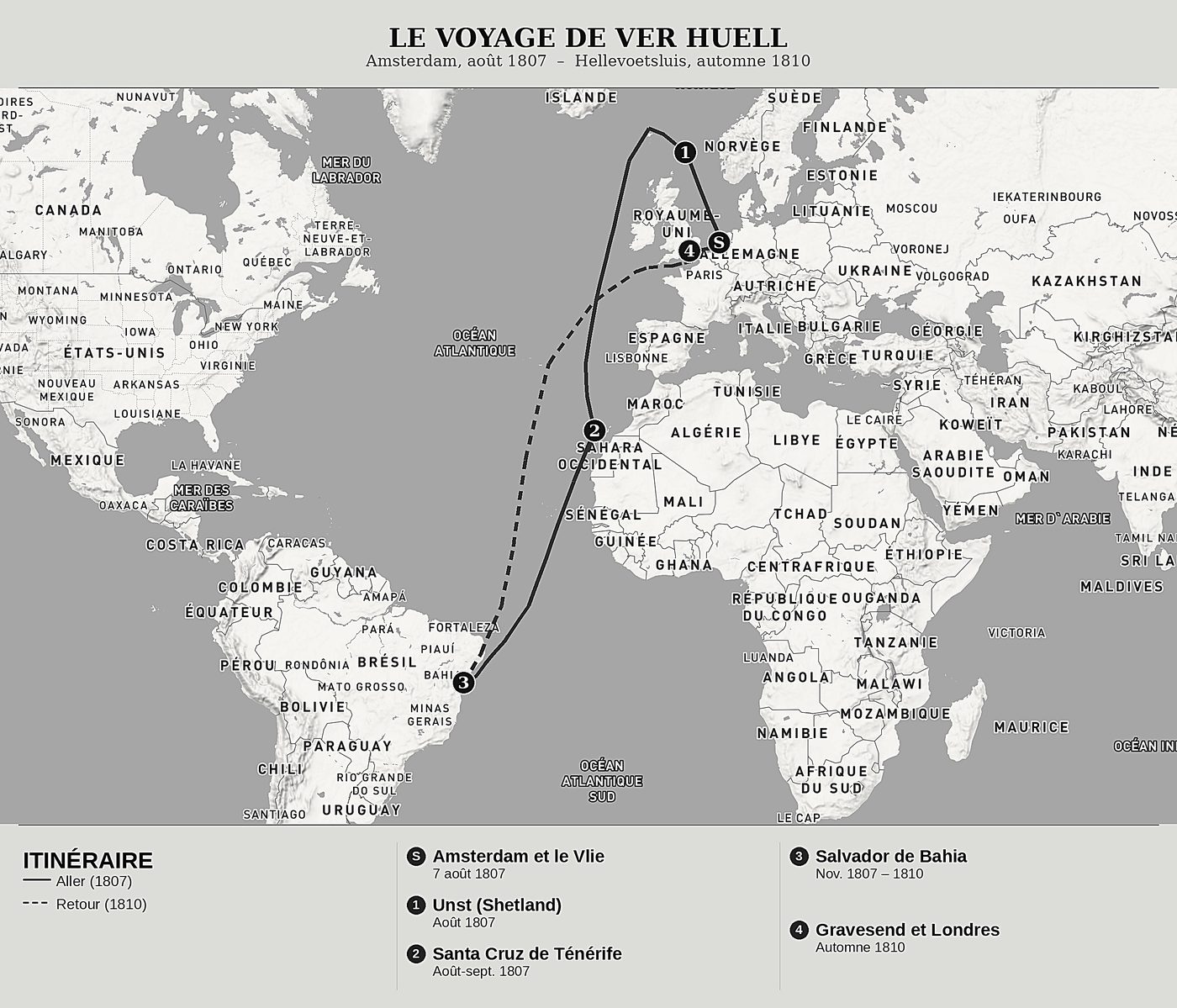 Carte d'ensemble de Mon premier voyage en mer de Quirijn Maurits Rudolph Ver Huell, nord en haut : amsterdam, août 1807  –  hellevoetsluis, automne 1810.