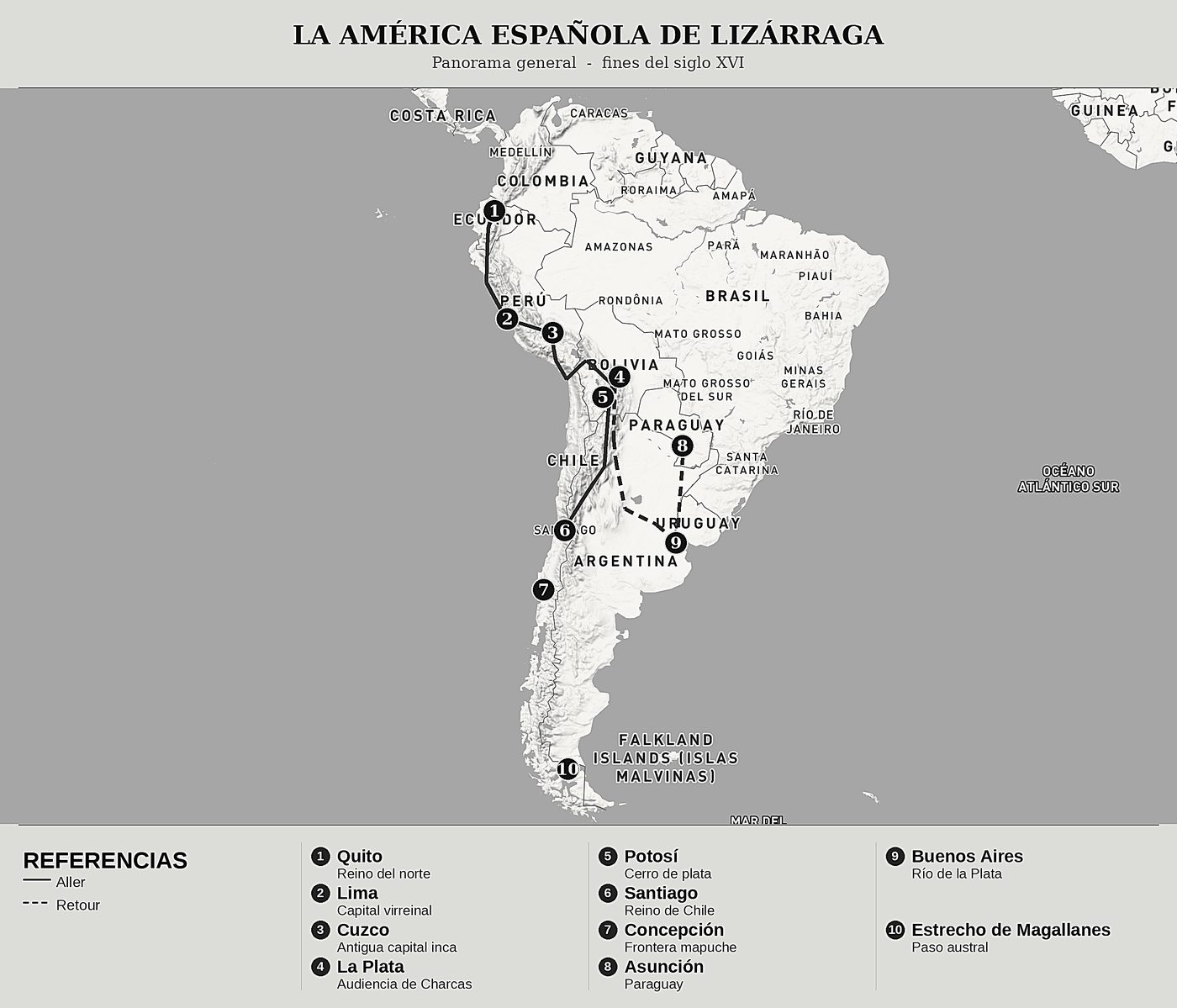 Mapa general de Descripción colonial del Perú y de Chile de Reginaldo de Lizárraga, norte arriba: panorama general  -  fines del siglo xvi.