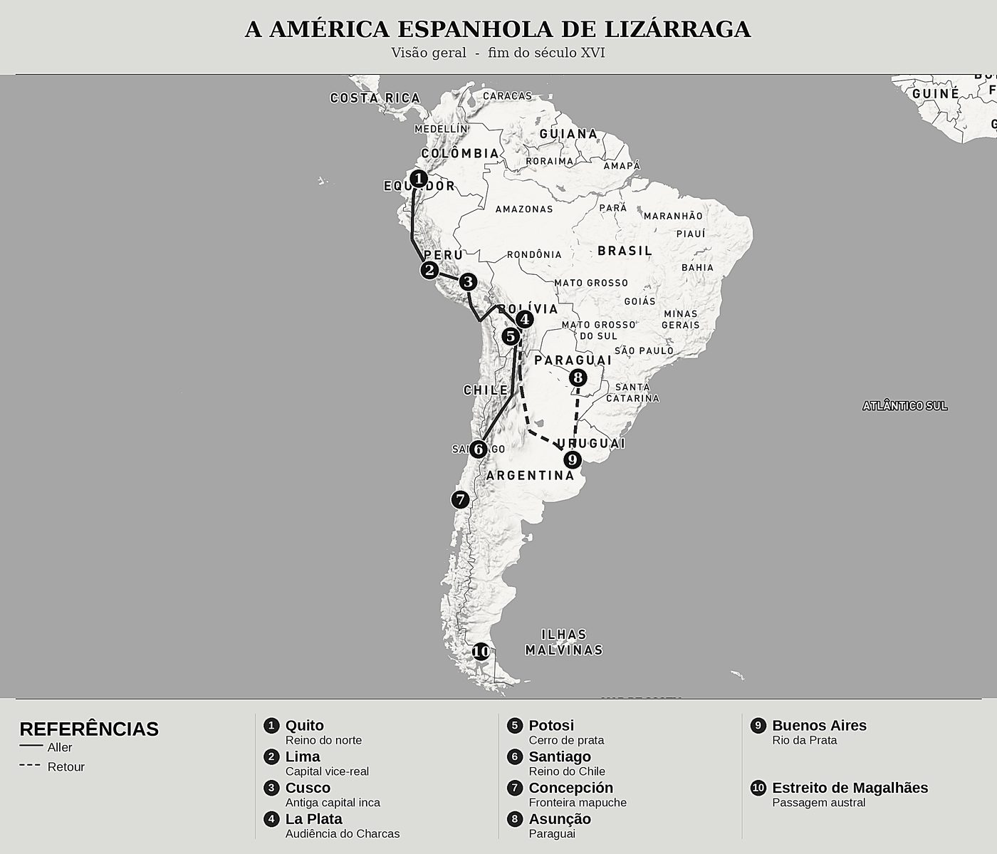 Mapa geral de Descrição colonial do Peru e do Chile de Reginaldo de Lizárraga, norte em cima: visão geral  -  fim do século xvi.