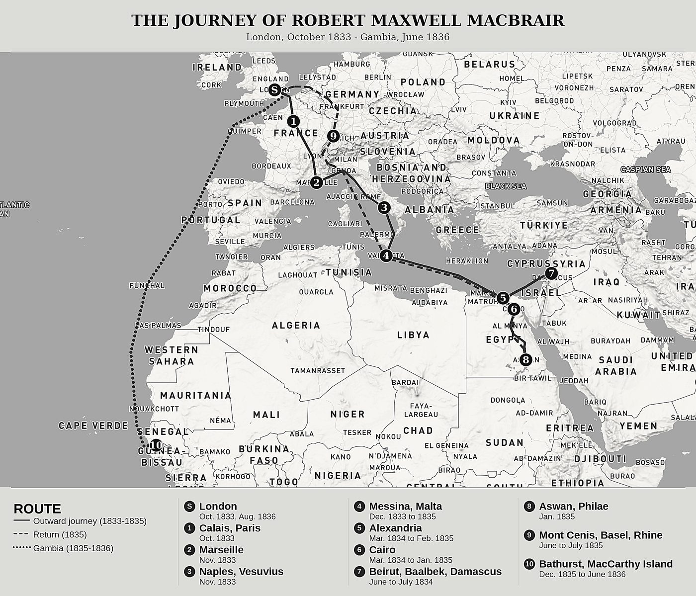 Overview map of Sketches of a Missionary's Travels in Egypt, Syria, Western Africa by Robert Maxwell Macbrair, north at top: london, october 1833 - gambia, june 1836.