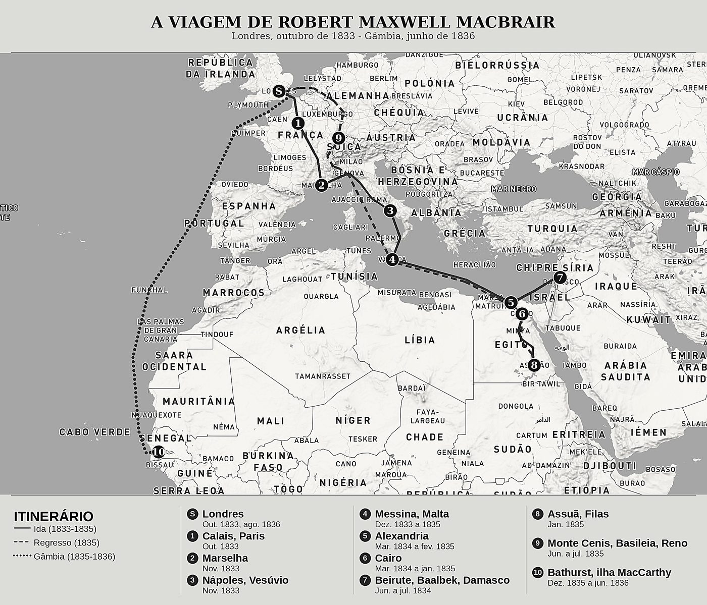 Mapa geral de Esboços das viagens de um missionário no Egito, na Síria e na África Ocidental de Robert Maxwell Macbrair, norte em cima: londres, outubro de 1833 - gâmbia, junho de 1836.