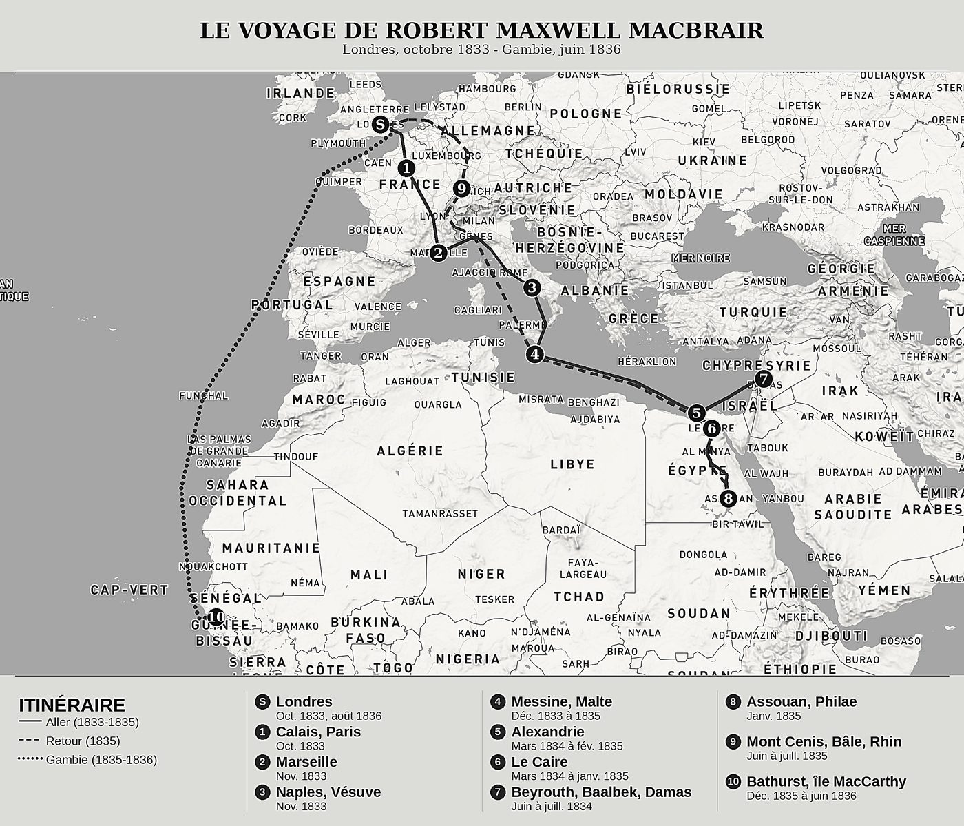 Carte d'ensemble de Esquisses des voyages d'un missionnaire en Égypte, en Syrie et en Afrique occidentale de Robert Maxwell Macbrair, nord en haut : londres, octobre 1833 - gambie, juin 1836.