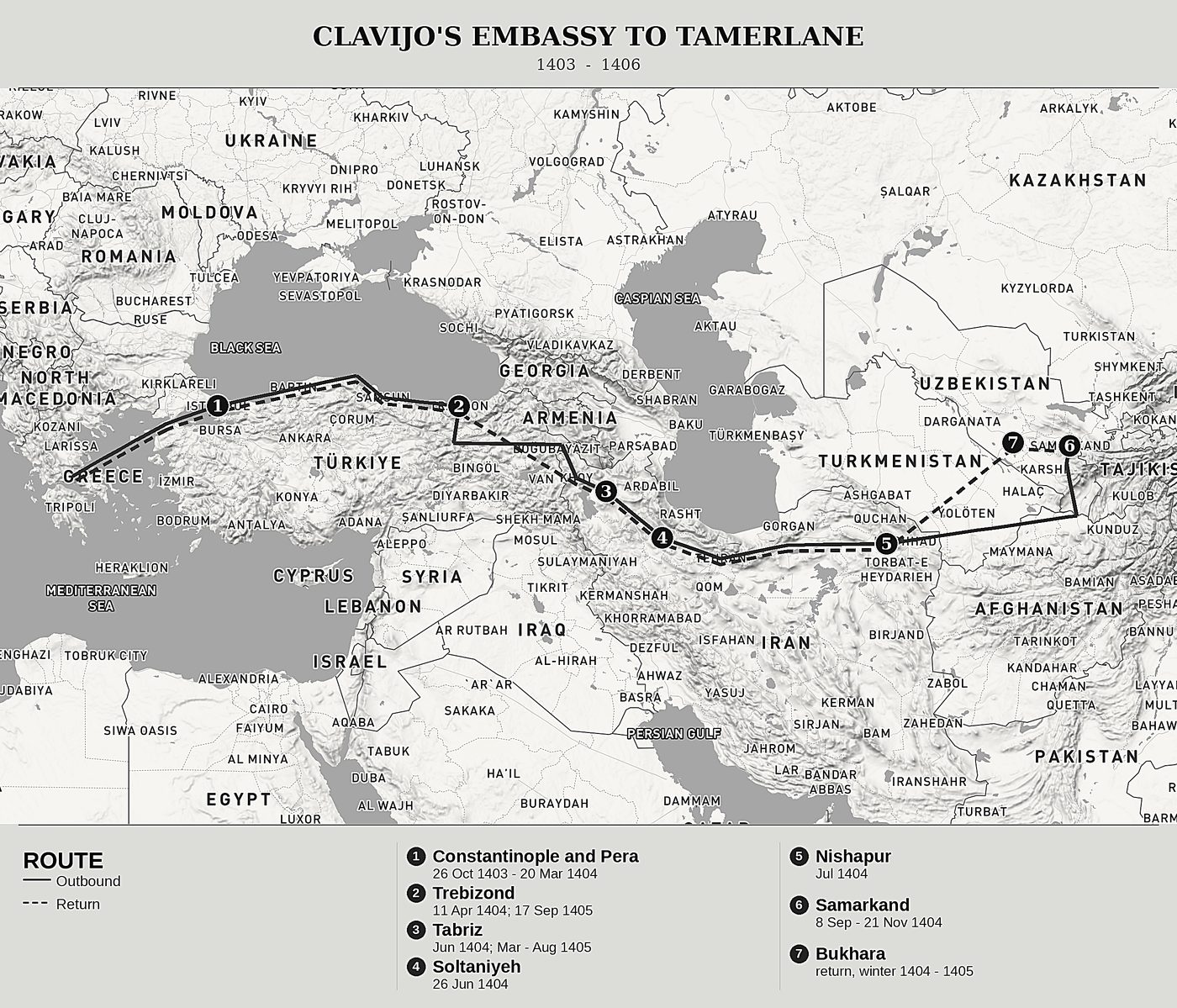 Overview map of Embassy to Tamerlane, 1403-1406 by Ruy González de Clavijo, north at top: 1403  -  1406.