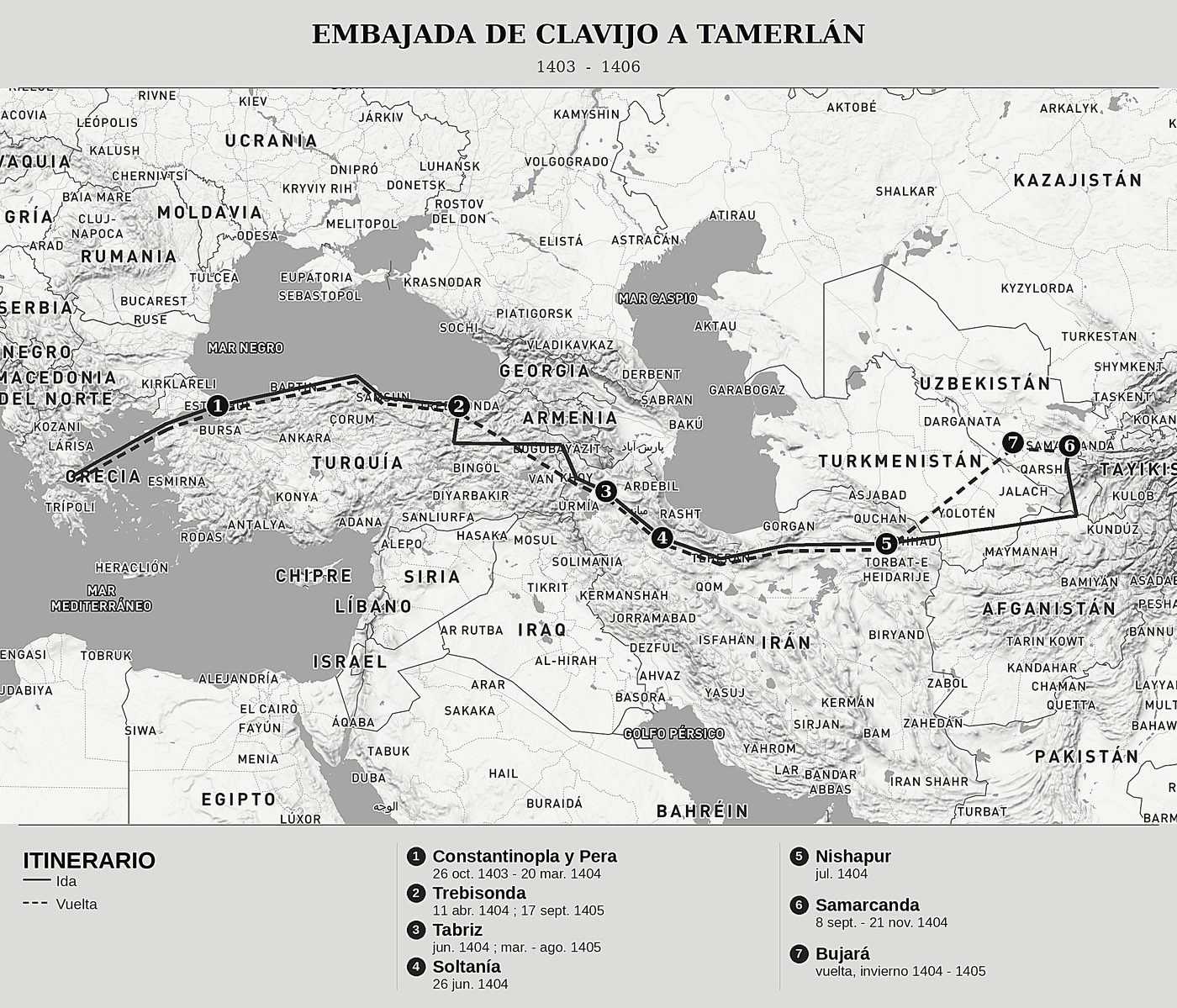 Mapa general de Embajada a Tamorlán de Ruy González de Clavijo, norte arriba: 1403  -  1406.