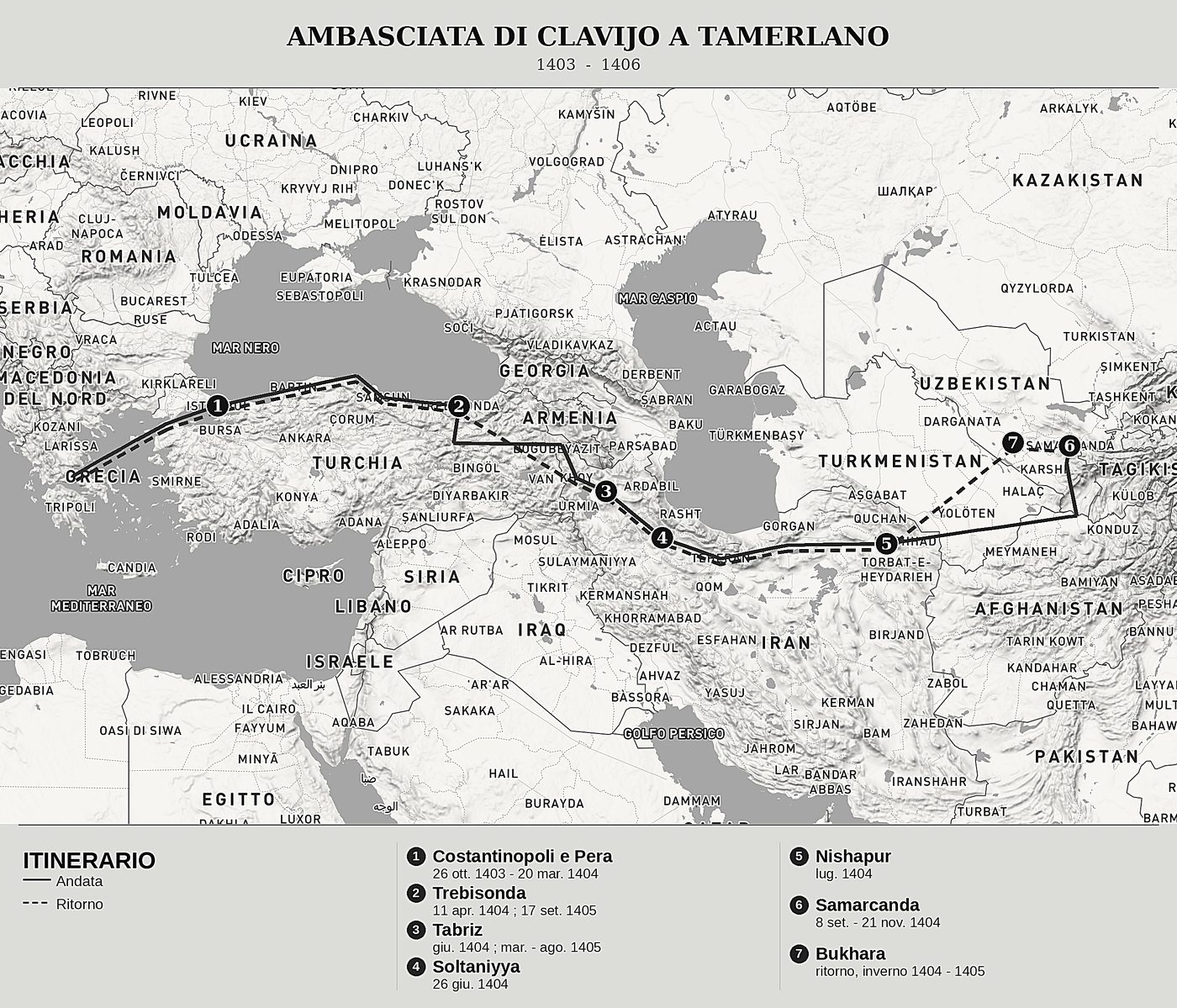 Mappa d'insieme di Ambasciata a Tamerlano di Ruy González de Clavijo, nord in alto: 1403  -  1406.