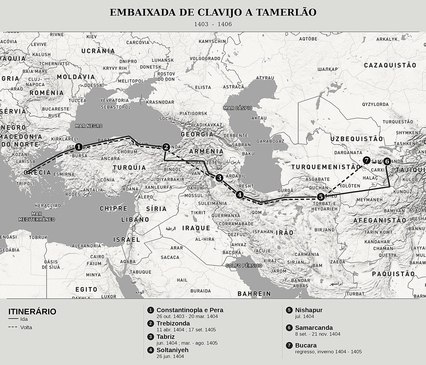 Mapa geral de Embaixada a Tamerlão de Ruy González de Clavijo, norte em cima: 1403  -  1406.
