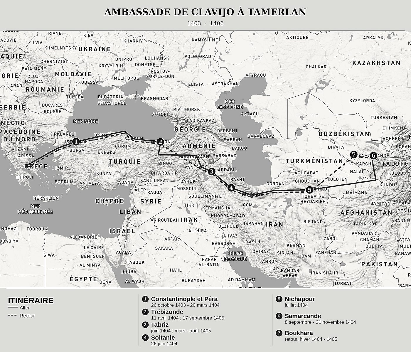 Carte d'ensemble de Ambassade à Tamerlan de Ruy González de Clavijo, nord en haut : 1403  -  1406.