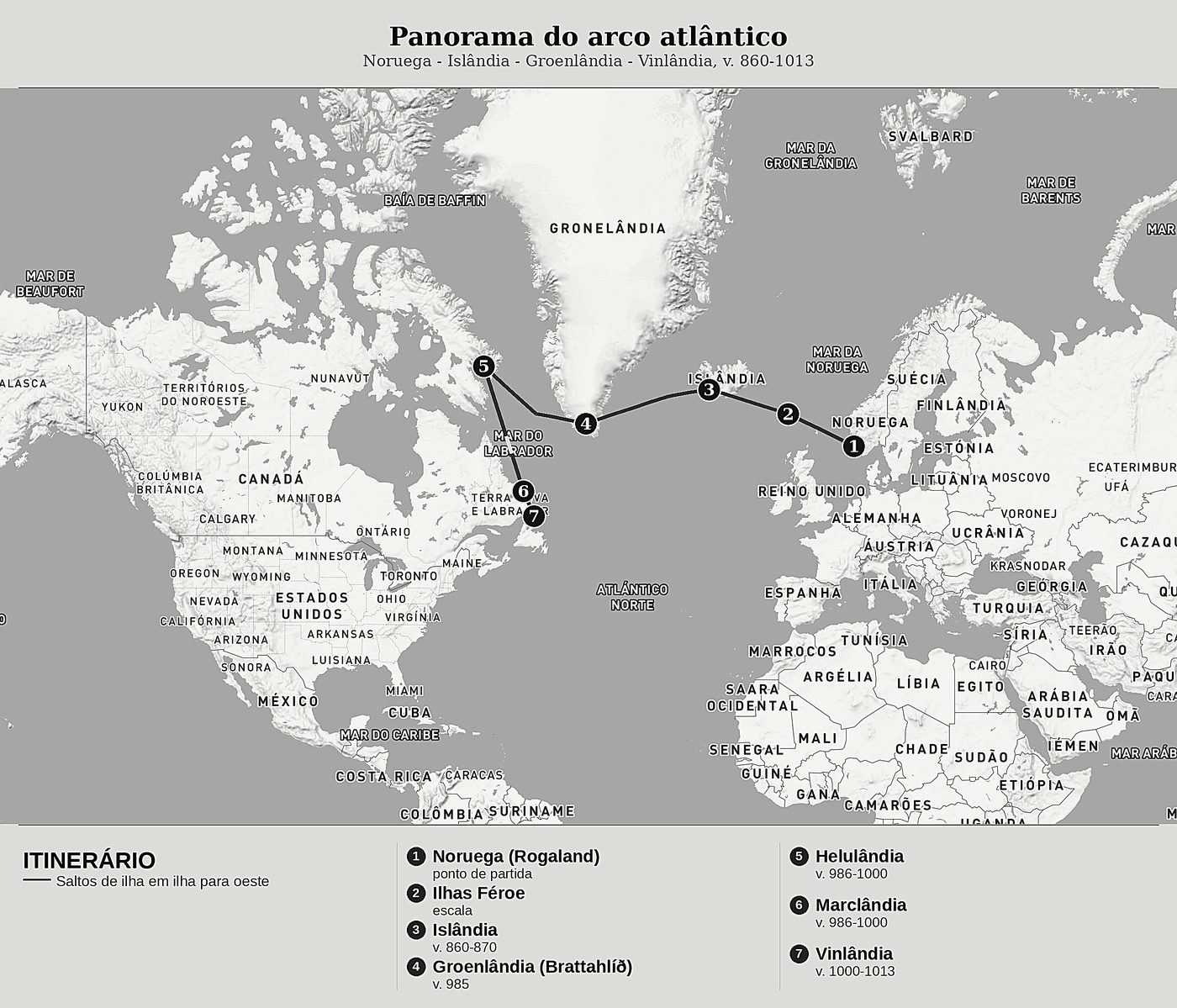 Mapa geral de Os Descobridores do Atlântico Norte de Sagas norroises (Landnámabók, Íslendingabók, Sagas du Vinland), norte em cima: noruega - islândia - groenlândia - vinlândia, c. 860-1013.
