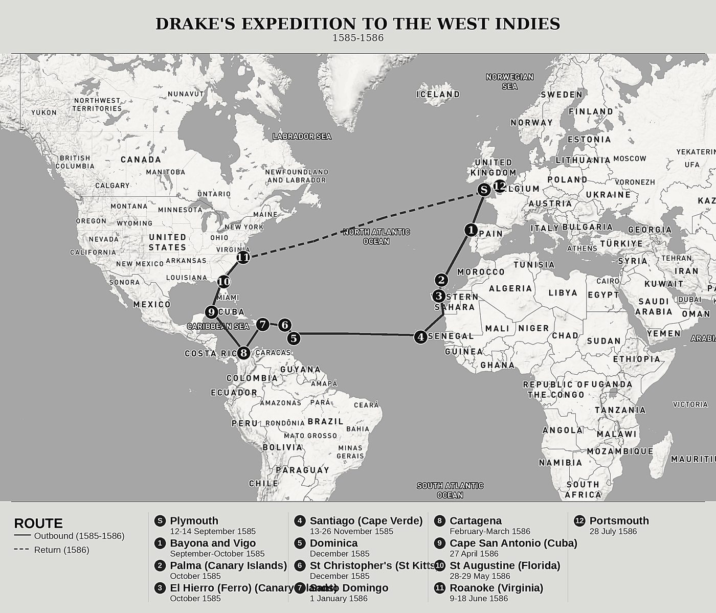 Overview map of Drake's Expedition to the West Indies by Walter Bigges, north at top: 1585-1586.