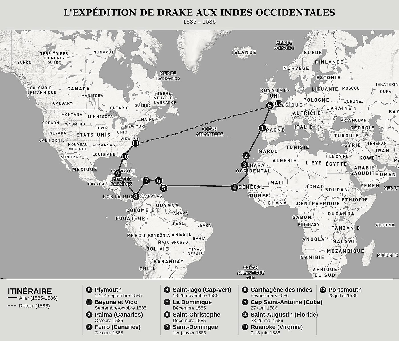 Carte d'ensemble de L'Expédition de Drake aux Indes occidentales de Walter Bigges, nord en haut : 1585 – 1586.