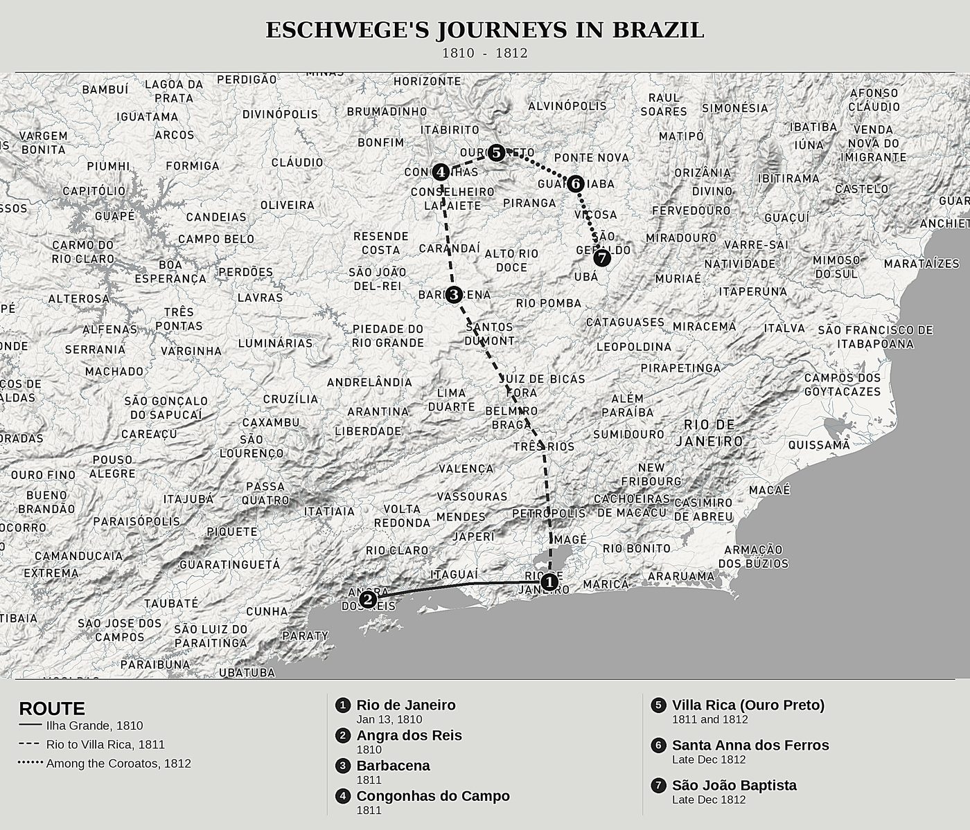 Overview map of Journal of Brazil by Wilhelm Ludwig von Eschwege, north at top: 1810  -  1812.
