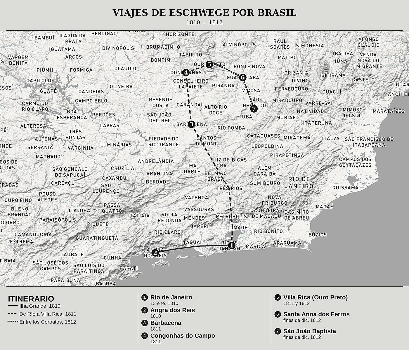 Mapa general de Diario de Brasil de Wilhelm Ludwig von Eschwege, norte arriba: 1810 - 1812.
