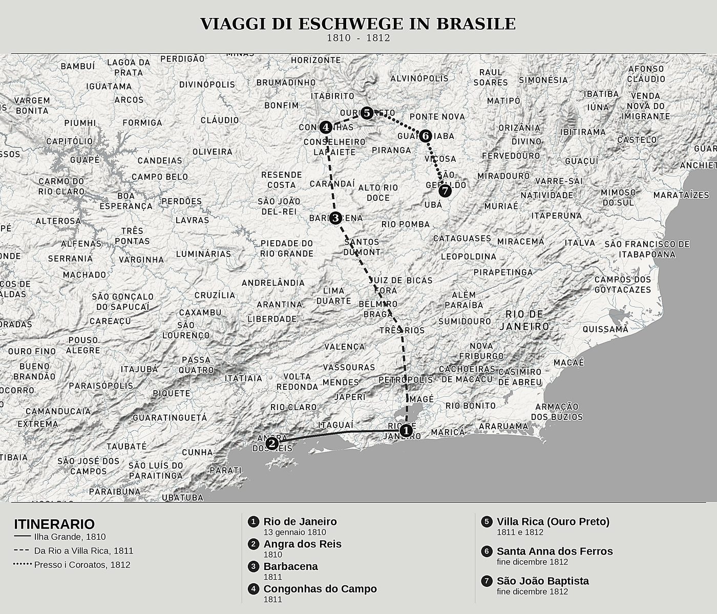 Mappa d'insieme di Diario del Brasile di Wilhelm Ludwig von Eschwege, nord in alto: 1810  -  1812.