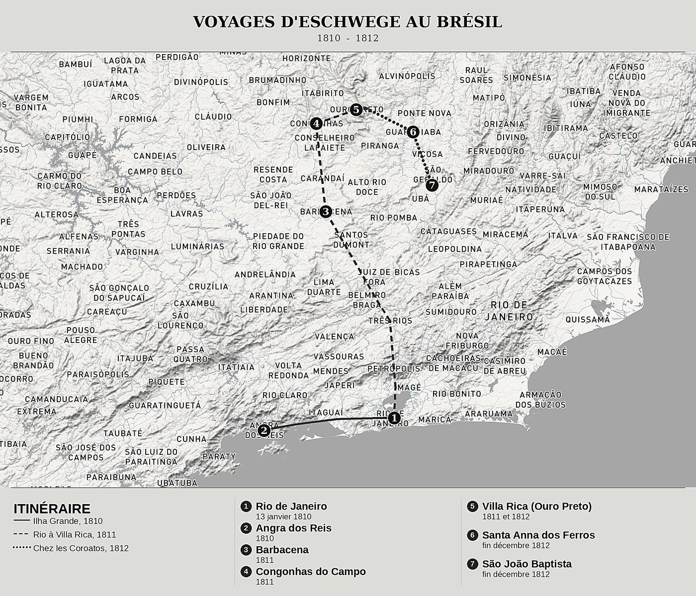 Carte d'ensemble de Journal du Brésil de Wilhelm Ludwig von Eschwege, nord en haut : 1810 - 1812.