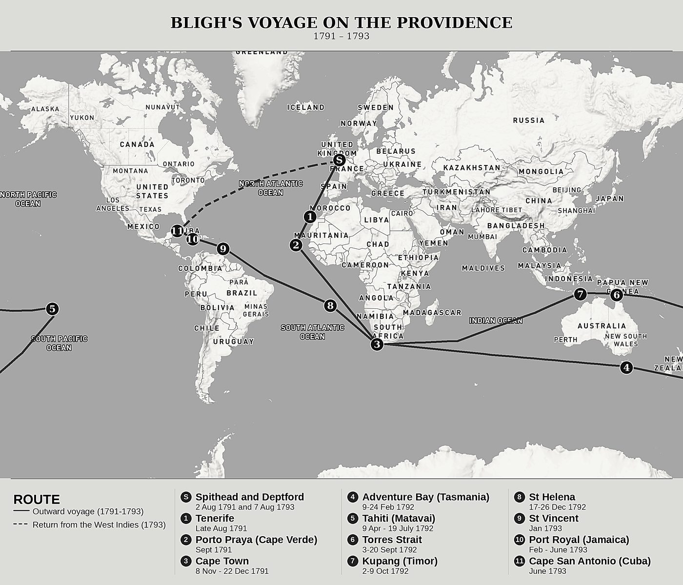 Overview map of Log of the Proceedings of His Majesty's Ship Providence by William Bligh, north at top: 1791 – 1793.