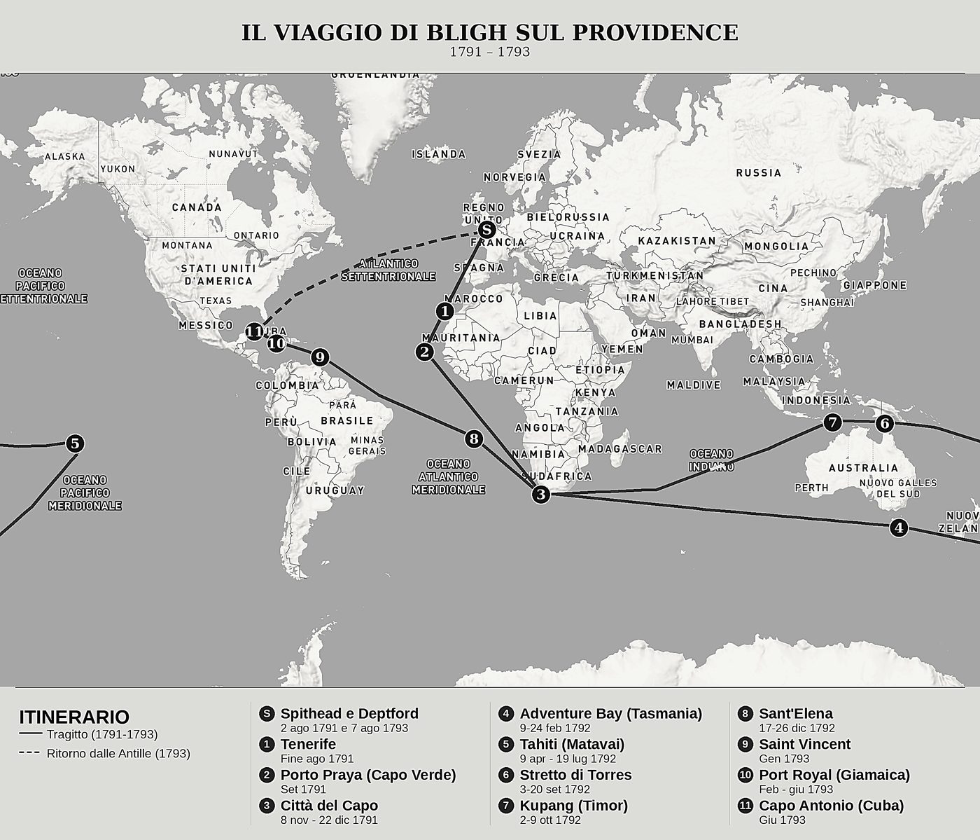 Mappa d'insieme di Giornale di bordo delle operazioni della nave di Sua Maestà Providence di William Bligh, nord in alto: 1791 – 1793.