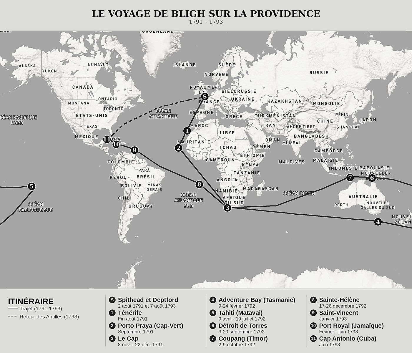 Carte d'ensemble de Journal de bord des opérations du vaisseau de Sa Majesté la Providence de William Bligh, nord en haut : 1791 – 1793.