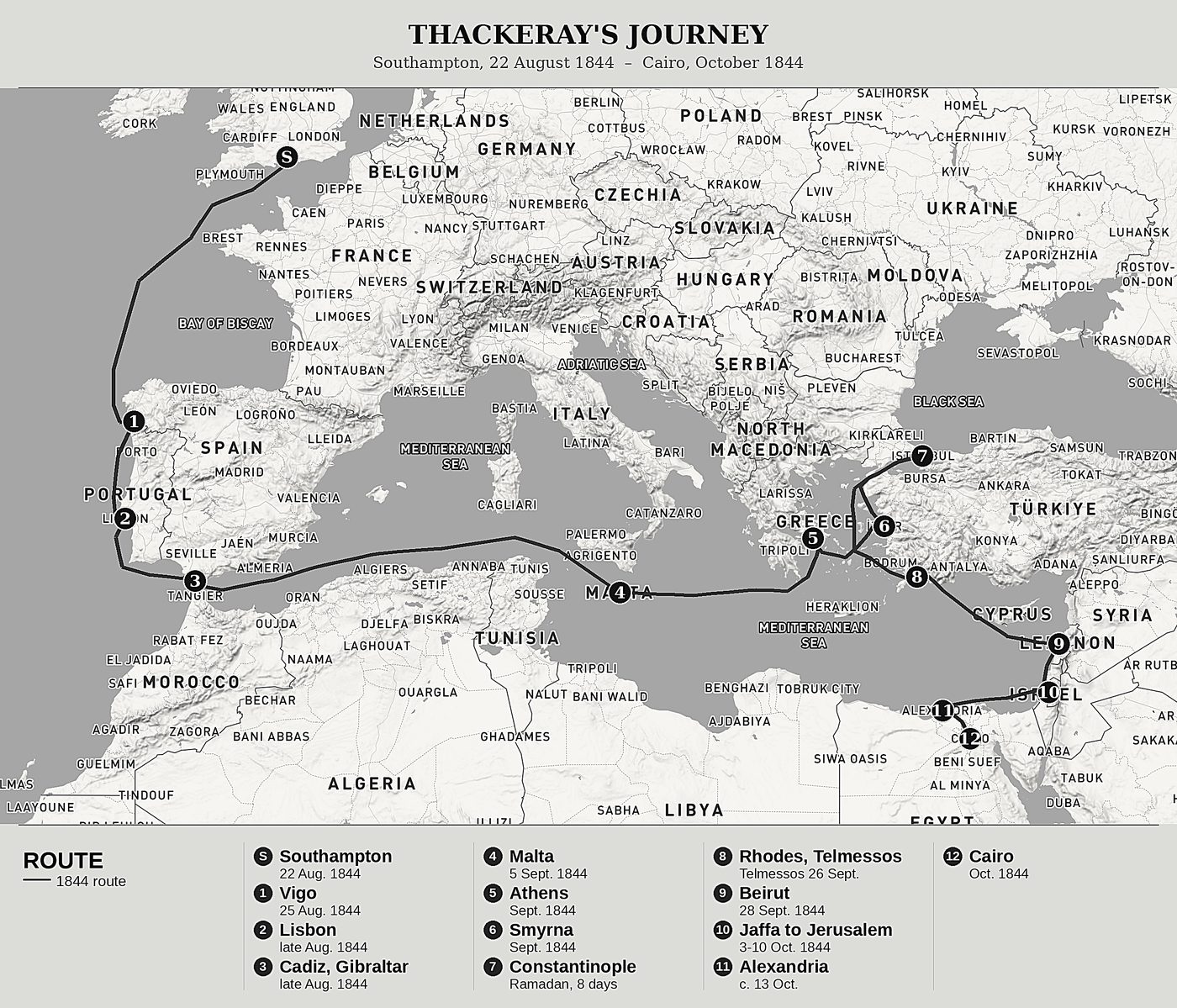 Overview map of Notes of a Journey from Cornhill to Grand Cairo by William Makepeace Thackeray, north at top: southampton, 22 august 1844  –  cairo, october 1844.