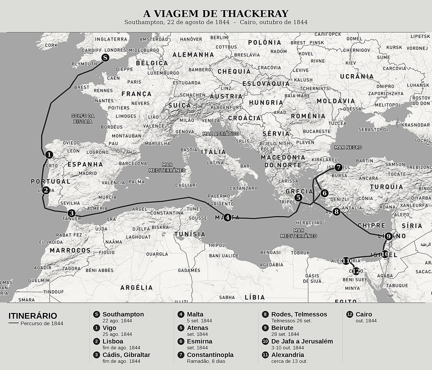 Mapa geral de Notas de uma viagem de Cornhill ao Grande Cairo de William Makepeace Thackeray, norte em cima: southampton, 22 de agosto de 1844  –  cairo, outubro de 1844.
