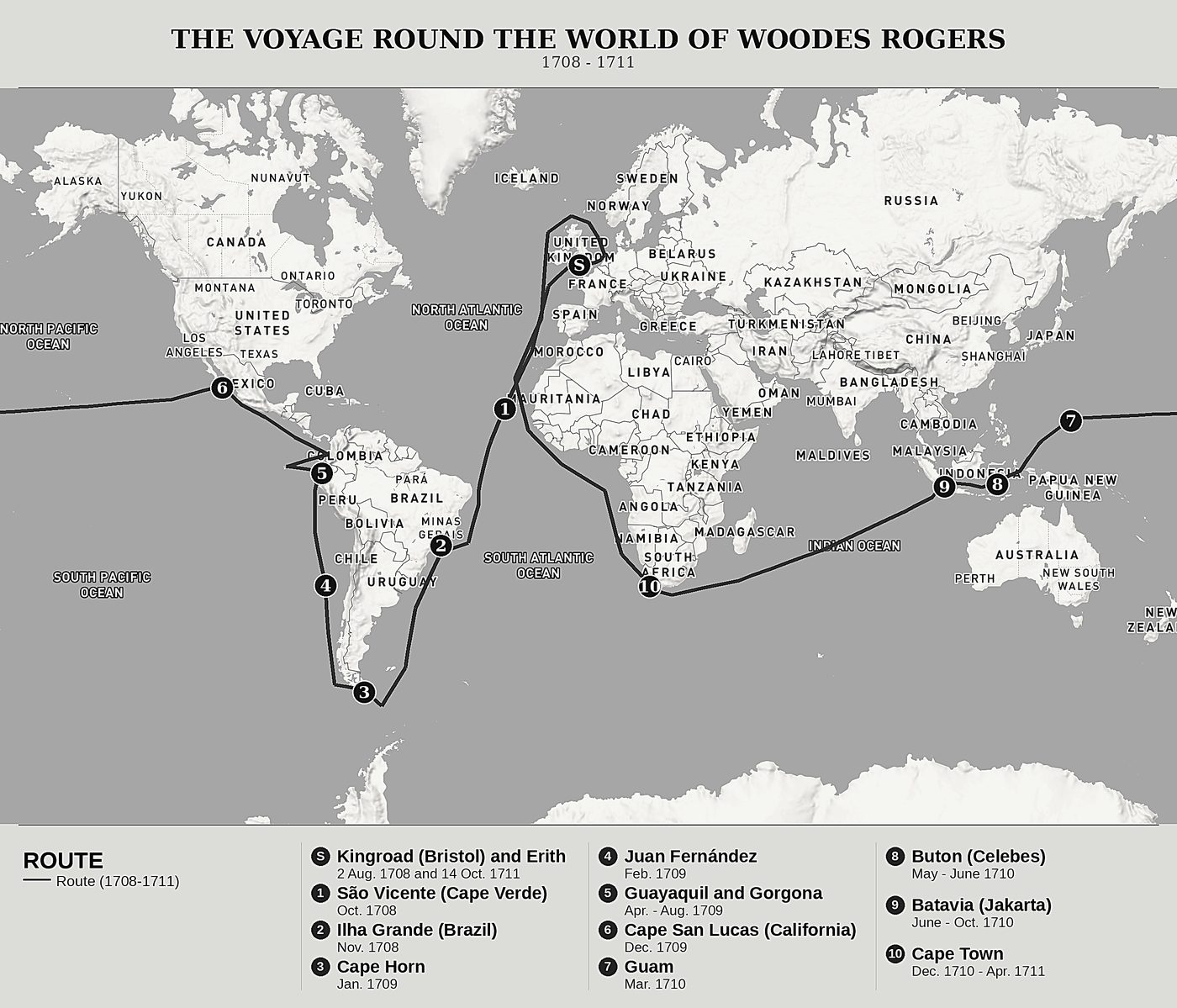 Overview map of A Cruising Voyage Round the World by Woodes Rogers, north at top: 1708 - 1711.