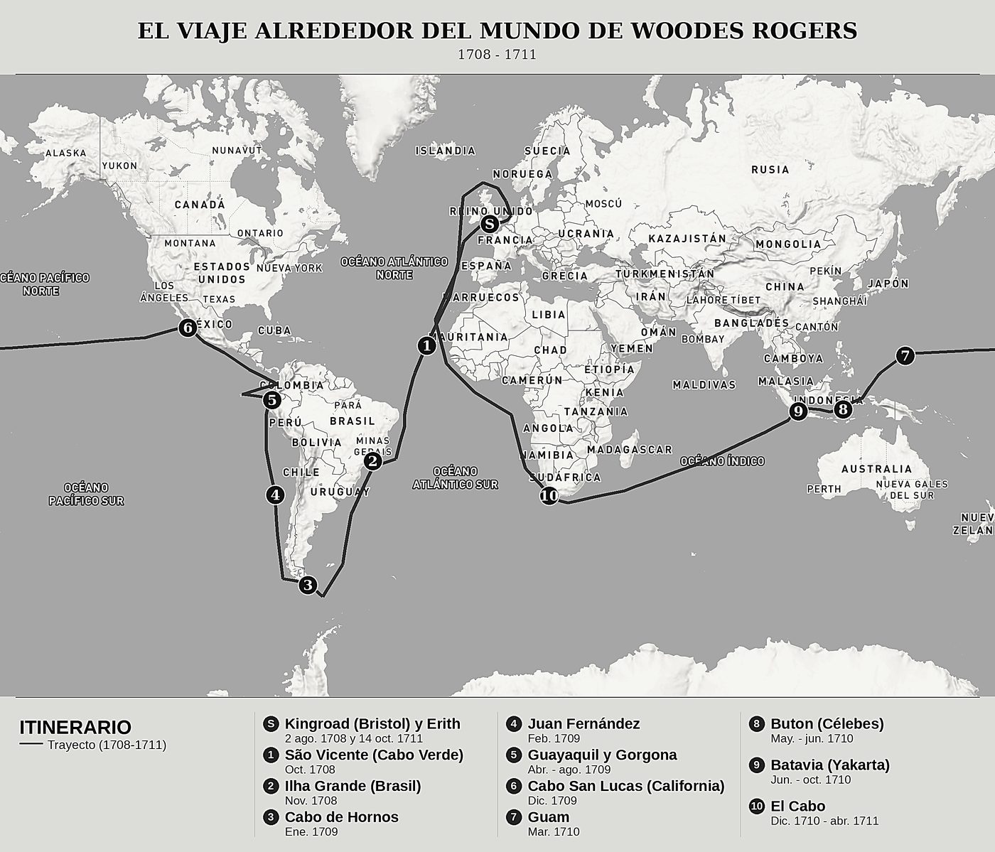 Mapa general de Viaje alrededor del mundo de Woodes Rogers, norte arriba: 1708 - 1711.