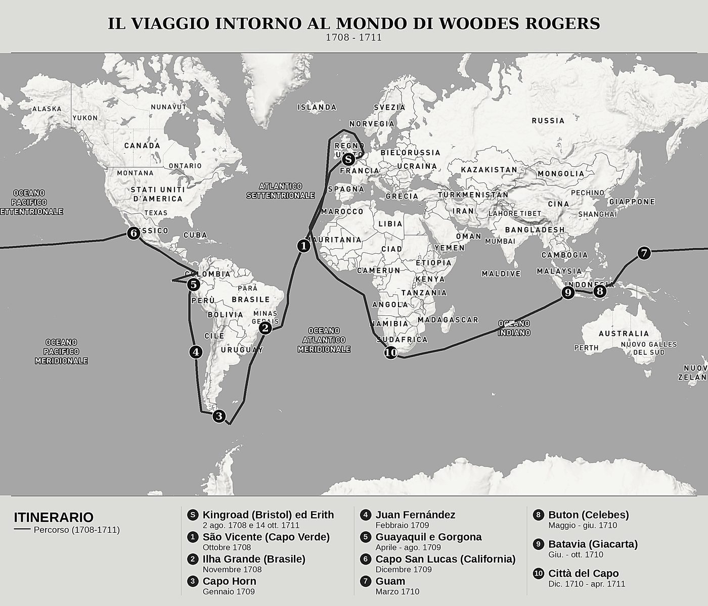 Mappa d'insieme di Viaggio intorno al mondo di Woodes Rogers, nord in alto: 1708 - 1711.